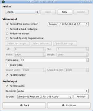 SimpleScreenRecorder window with input settings